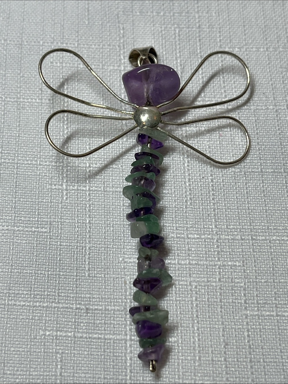 Purple Dragonfly Gemstone Pendant Necklace
Amethyst & Green Chips
Sterling wire
